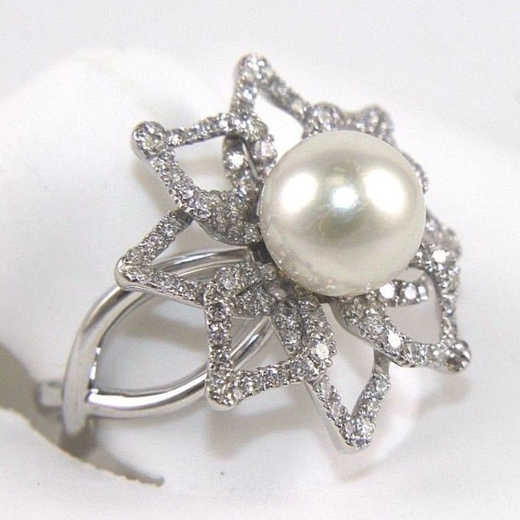 Pearl & Diamond Solitaire Ring 14k WG 1.00Ct 8.5mm